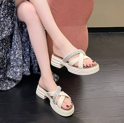 Women's Platform Cross Strap Slides Outdoor New Summer Height Increasing Fashionable Versatile Rhinestone Korean Style Slippers