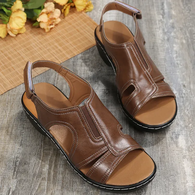 Velcro Ankle Srap Sandals Summer Chunky Heel Roman Shoes Women Brown - Shop at LoveMi