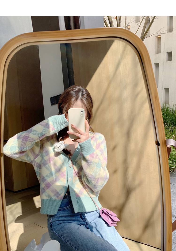 Short Color Matching Diamond Sweater Women's V-neck Cardigan Jacket