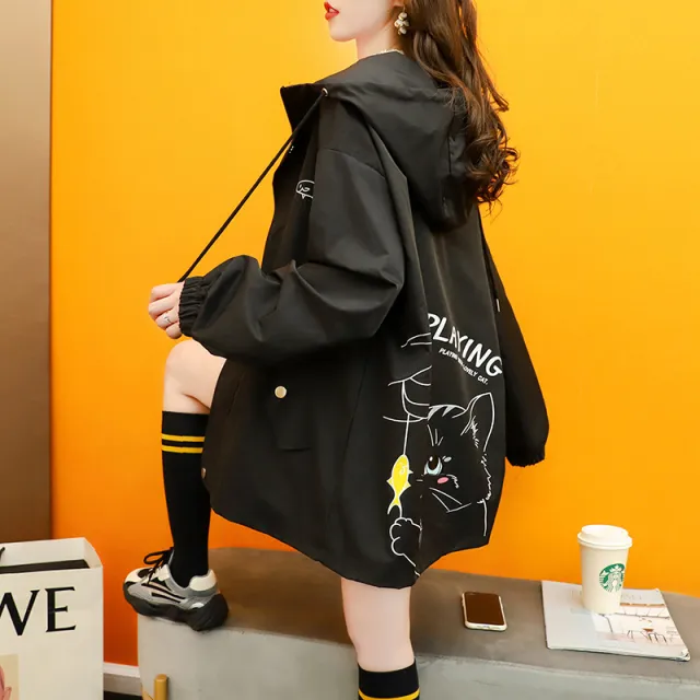 Loose Fitting Fashionable Printed Trench Jacket For Women Black - Shop at LoveMi