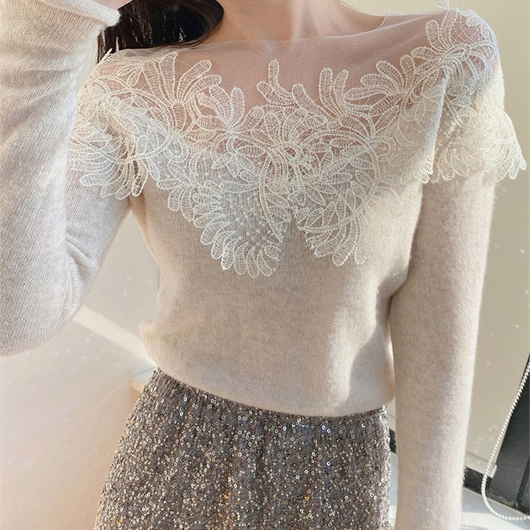 Women's Stitching Embroidery Slim Bottoming Cashmere Sweater Top