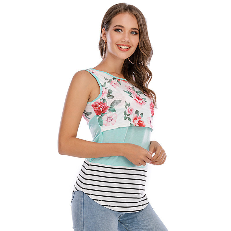 Maternity Printed Color-blocking Striped Lace Vest