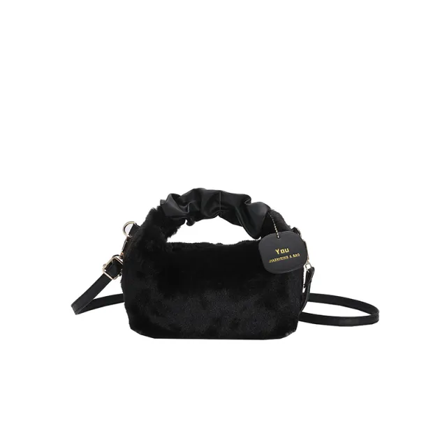 Plush Pleated Handbag Women's One Shoulder Crossbody Bag Black - Shop at LoveMi
