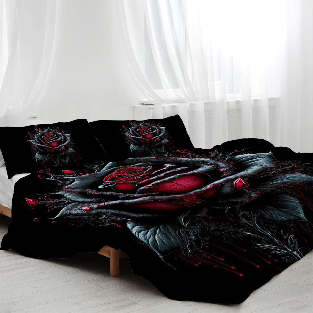 Blood Ink Rose Print Printed Duvet Cover Set - Black Microfiber Bedding... 2