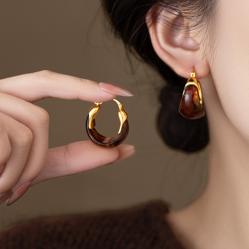 1 Pair Women's Amber Earrings French Style, High-End, Light Luxury & Vintage Ear Clips Niche, Elegant Maillard Ear Jewelry - Jewelry & Watches