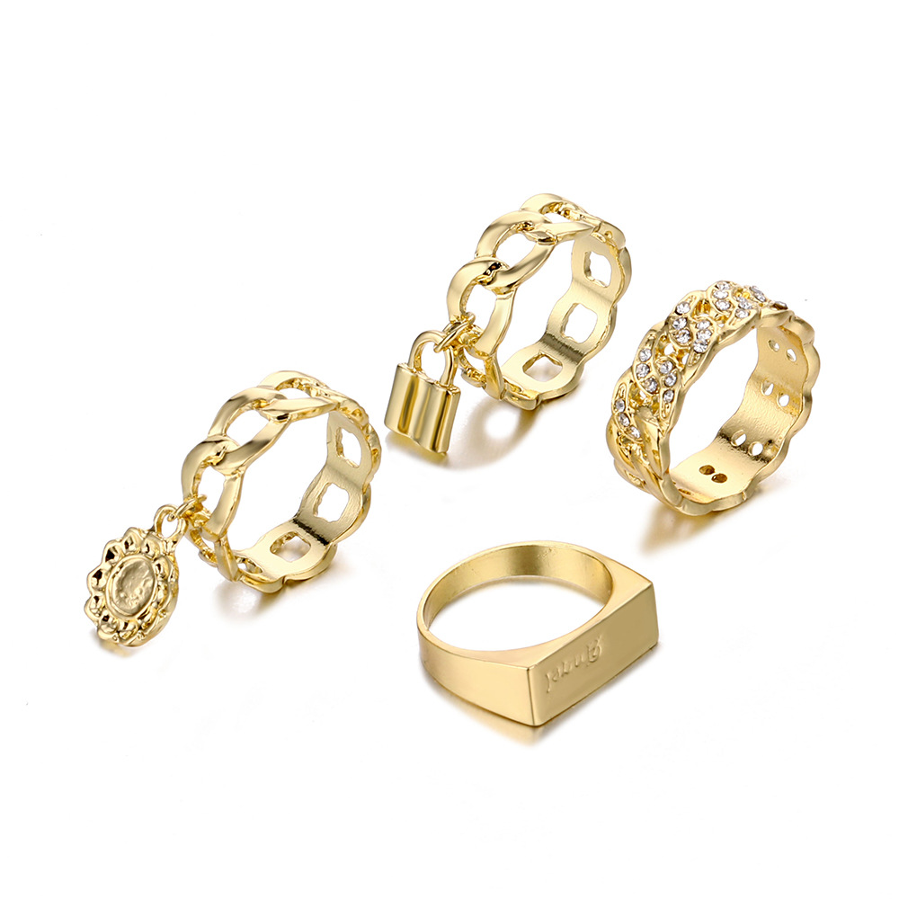 Personalized Square Ring Fashion Retro Alloy Diamond Irregular Three-piece Set