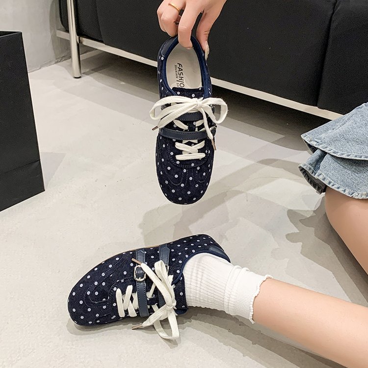 Women's Genuine Leather Retro Polka Dot German Trainer Shoes, 2026 Autumn New Versatile Flat Casual White Sneakers