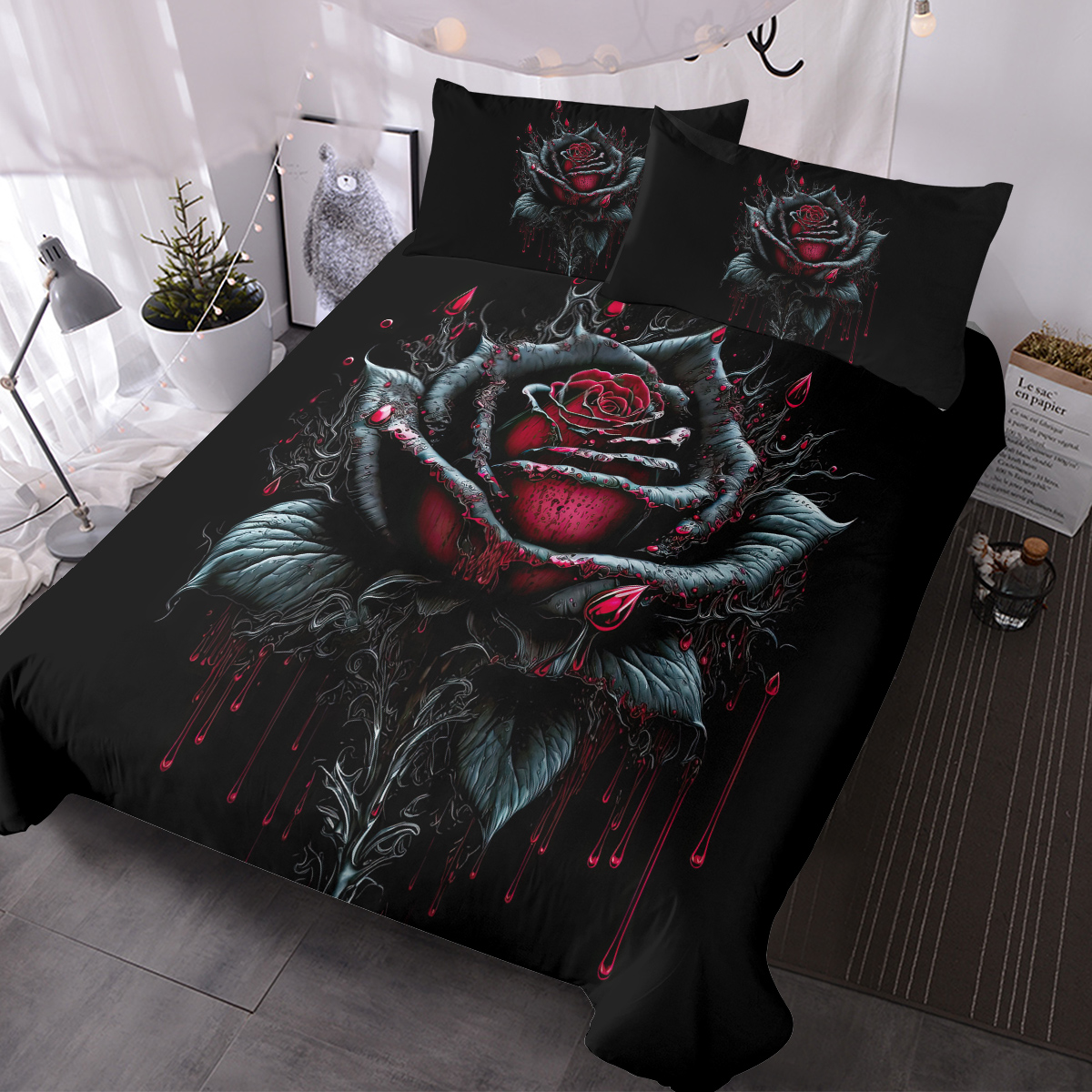 Blood Ink Rose Print Printed Duvet Cover Set - Black Microfiber Bedding...
