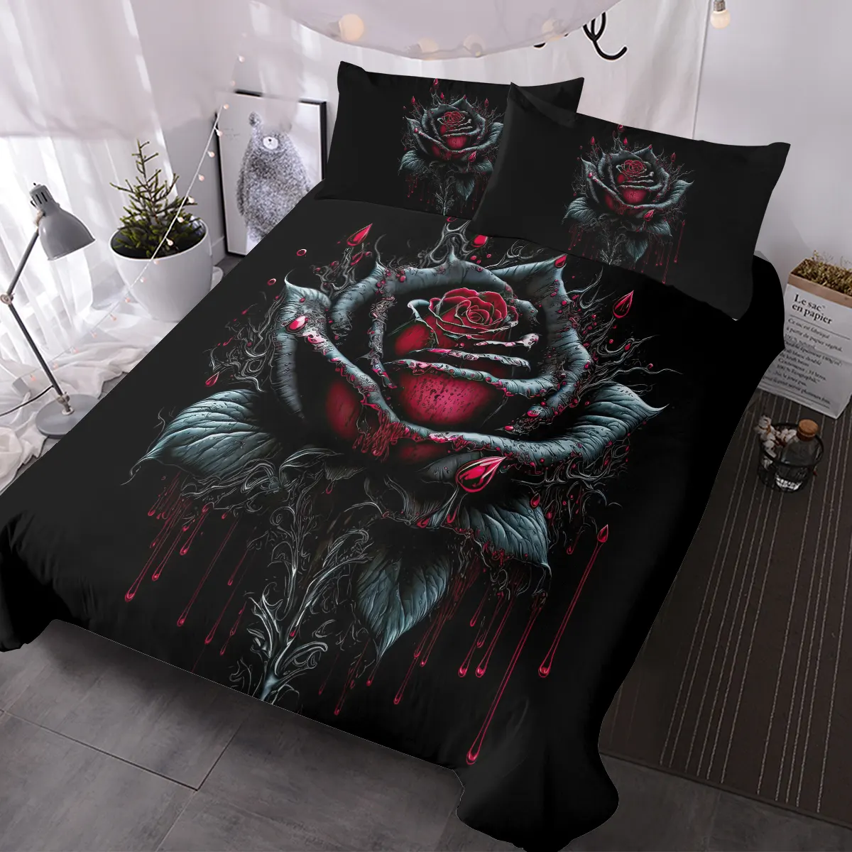 Blood Ink Rose Print Printed Duvet Cover