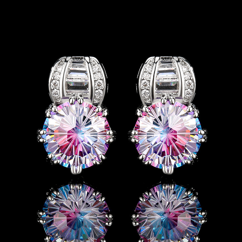 Light Luxury Vivid Earrings For Women, Firework Cut Simulated Zirconia Ear Jewelry With Rose Red Tone & Paraiba Tone Green Stones, Versatile Fashion Accessories — view 6