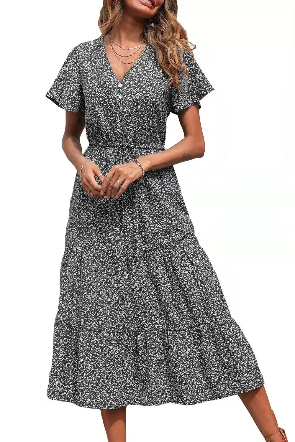European And American Spring Summer Vneck Print Dress