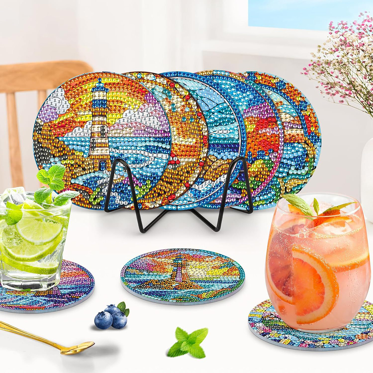 Diamond Art Drawing Coaster With Bracket, DIY Landscape Pattern Diamond Art Coaster, Suitable For Adults And Beginners Diamond Drawing Kit, Diamond Kit Craft Supplies, Exquisite Gifts For Fri