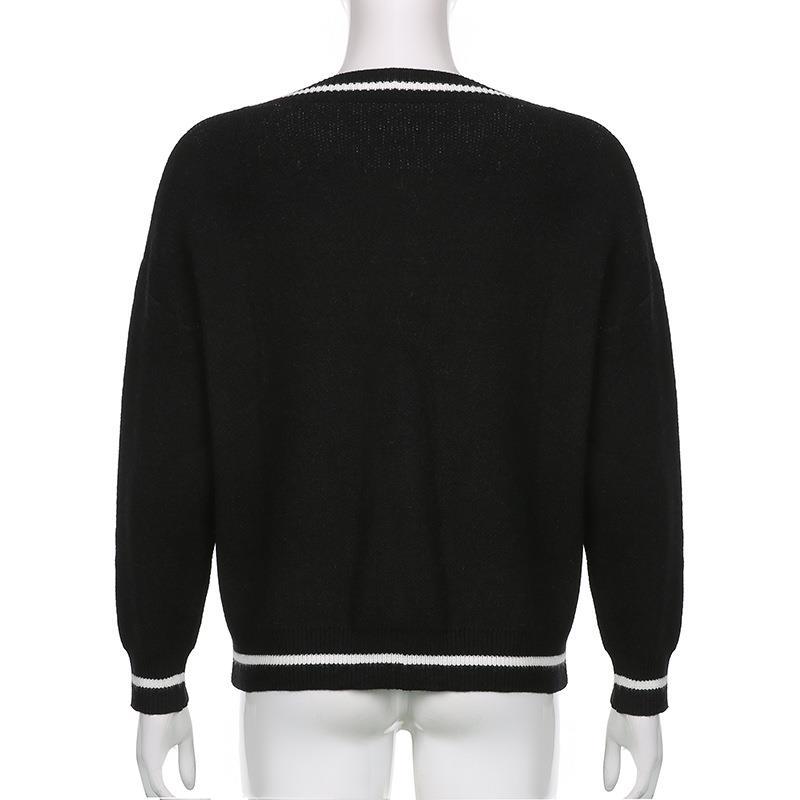 College Casual Loose Top With Contrast Printing V-neck