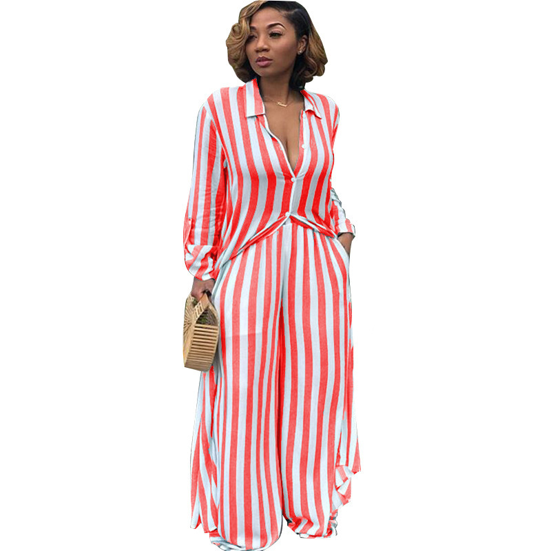 Women's Fashion Casual Striped Print Loose Long Shirt Wide-legged Pants Two-piece
