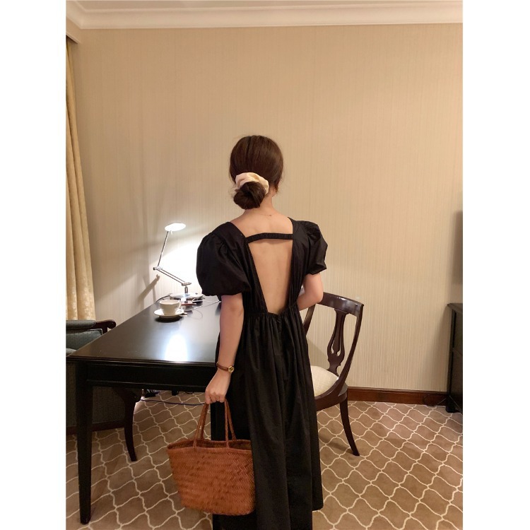 French Temperament Square Neck Tie Beautiful Back Dress Ins Girlish Style High Waist Thin Skirt A-line Big Skirt Summer
