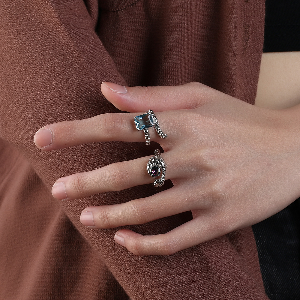 Sea Blue Zircon Adjustable Ring With Irregular Niche Design