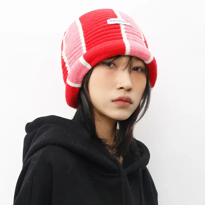 Curled Striped Colorblock Beanie Knitted Western Style