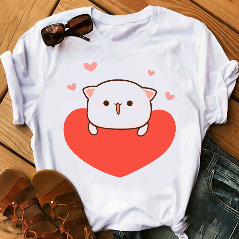 Title 15, Cute Cartoon Cat Print Couple White T-shirt Loo...