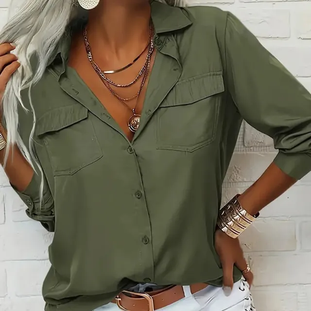 Women's Solid Color Lapel Long Sleeve Shirt Classic Button Down Blouse With Chest Pocket For Spring And Fall Army Green - Shop at LoveMi