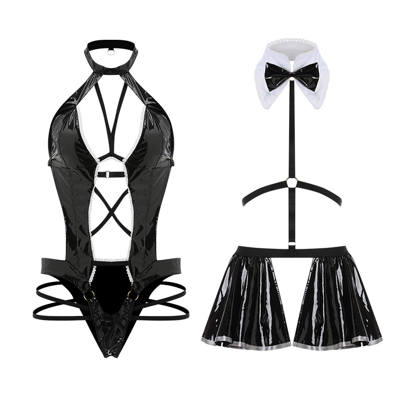 Hollow Backless Alluring Paint Leather Concealed Button One-piece Suit