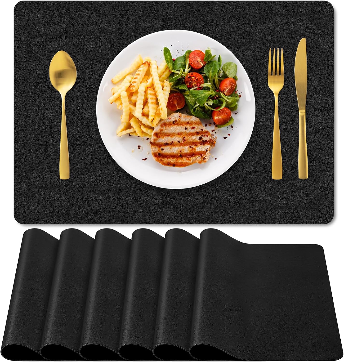Black Leather Placemats Set Of 6, Heat Resistant Waterproof Non Slip Table Mats For Dining Table And Kitchen Decor