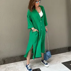 Long Shirt Style Dress With Loose Fit - Green - View 1