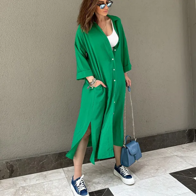 Long Shirt Style Dress With Loose Fit Green - Shop at LoveMi