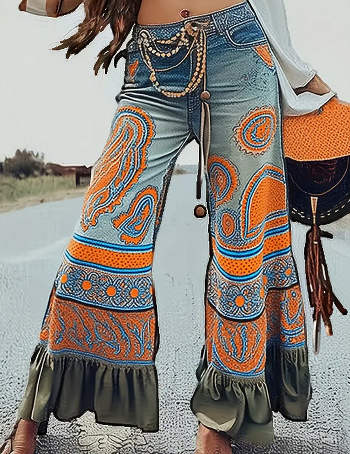 Pantalon évasé Ursime imprimé bohème à ourlet volanté – Color1, XL