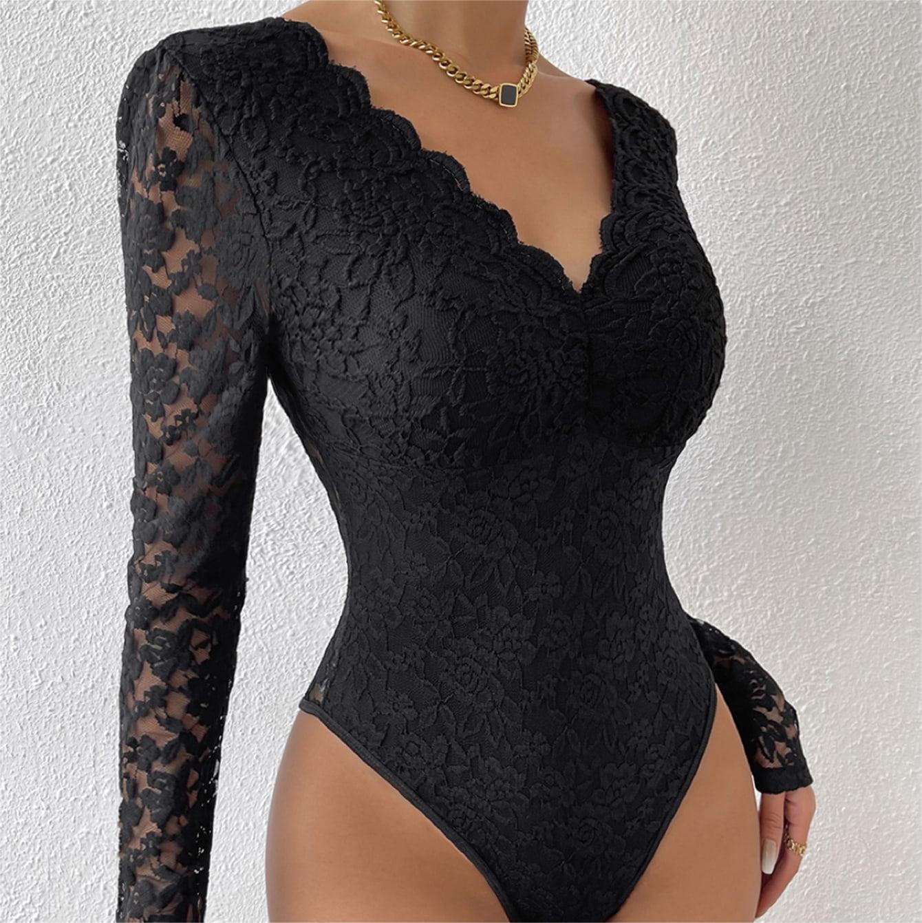 Title 3, Solid Color Lace Long Sleeve Hot Girl See-throu...