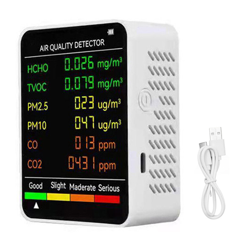 6 In 1 Air Quality Monitor Home Office Co2 Meter Hcho-co Tvoc Pm2.5 10 Detector