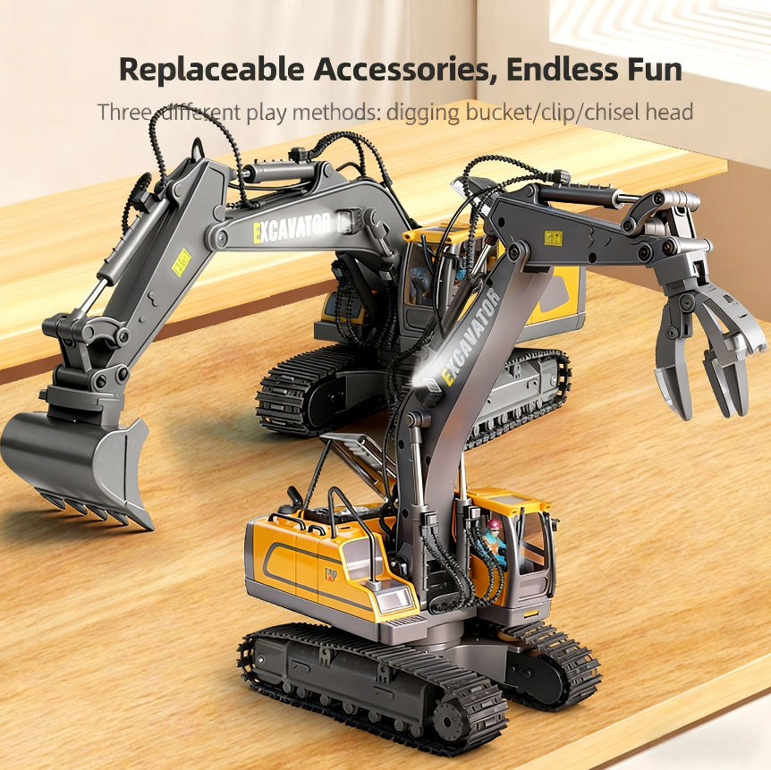 Three-in-one Aluminum Alloy Toy Excavator, 13 Channels, Comes With Three Replacement Heads. 1 24 High-reduction Simulation, LED Lights, Realistic Sound Effects, Can Run For 25-30 Minutes