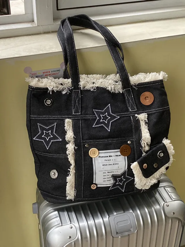 Vintage American Button Star Fringe Denim Tote Bag Style - Shop at LoveMi
