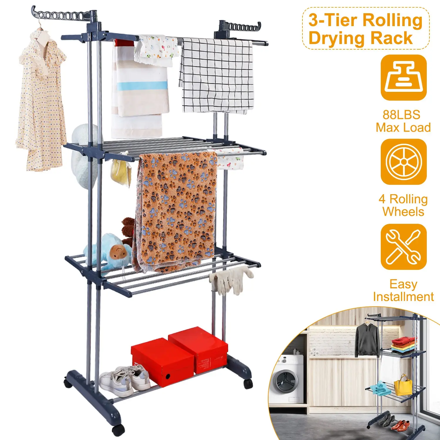 Clothes Drying Rack Rolling Collapsible Laundry Dryer
