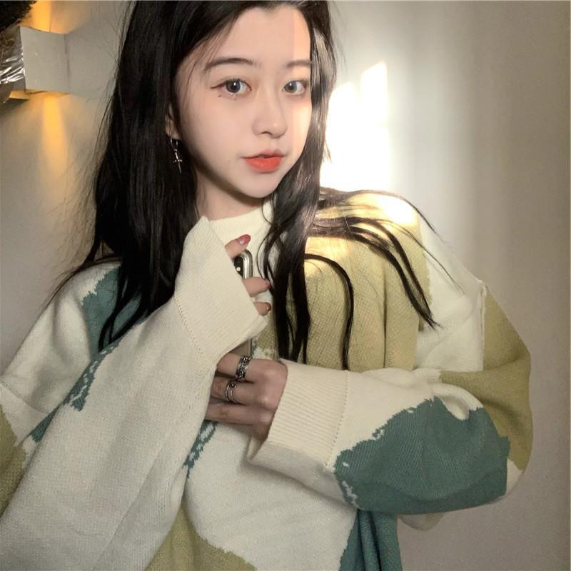 Contrasting Color Knitted Loose Sweater Women