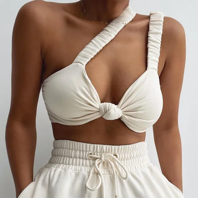 Solid Color Patchwork Crop Navel Twist Slim Sling Top White - Shop at LoveMi