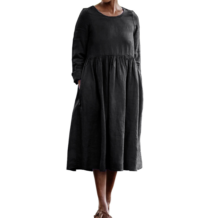 Solid Color Cotton And Linen Long-sleeved Ladies Dress Female