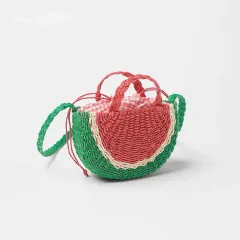 Embroidered Crossbody Straw Bag Woven Seaside Holiday Beach - Red - View 1