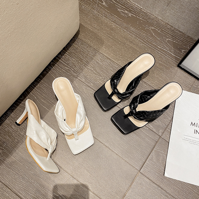 New Flip Toe Square Toe Herringbone Stiletto High Heel Sandals