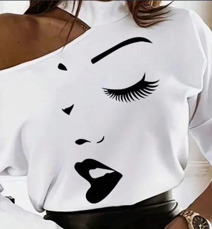 Women's White Long Sleeve T Shirt With Cartoon Line Pattern & Open Shoulder Design Graphic Tees Women Tops For Spring Outfit White2 - Shop at LoveMi