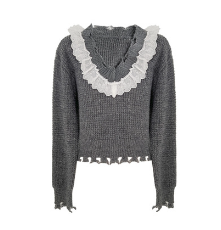 Spliced Wooden Ear Neck Waffle Sweater Women's V-neck Tassel Knitted Short Top