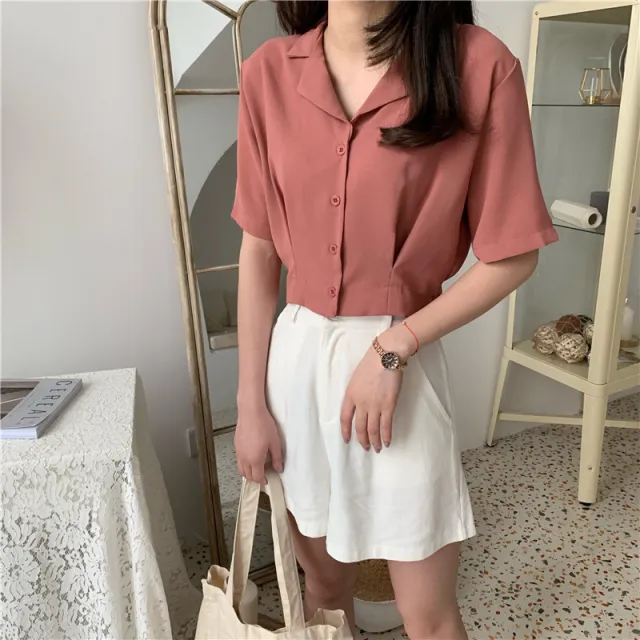 Korean Style All match Suit Small Lapel Short Sleeve Pleated Shirt Red Bean Paste - Shop at LoveMi