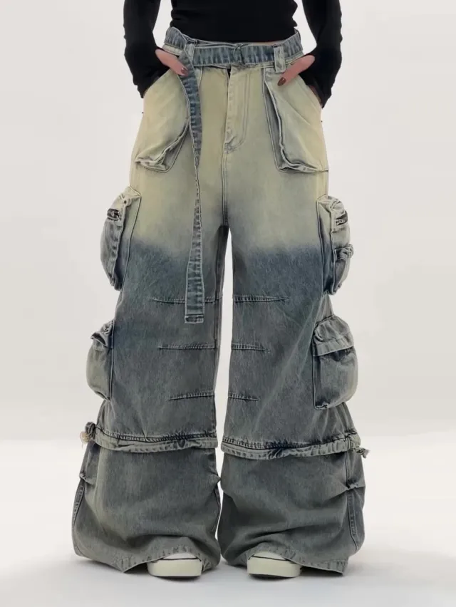 High Waisted Ombre Cargo Jeans With Multiple Pockets Blue - Shop at LoveMi