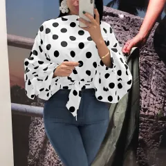 New Womens Polka Dot Large Size Loose Long Sleeve Blouse - White - View 1