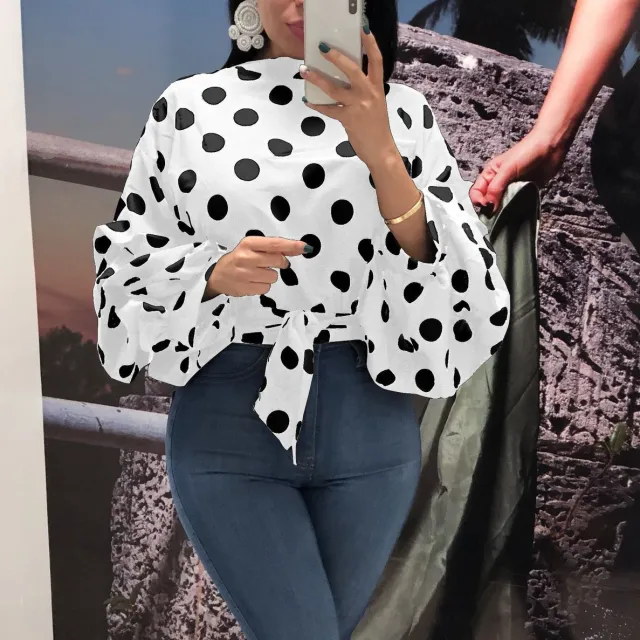 New Womens Polka Dot Large Size Loose Long Sleeve Blouse White - Shop at LoveMi