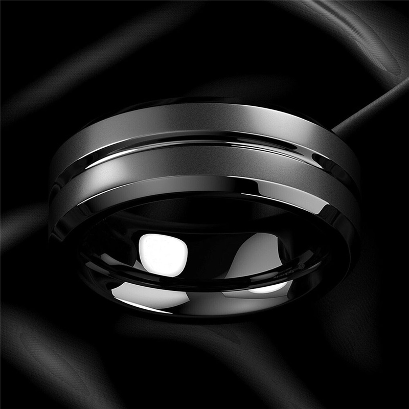 8mm Men's Ring Jewelry Black Groove Matte Stainless Steel