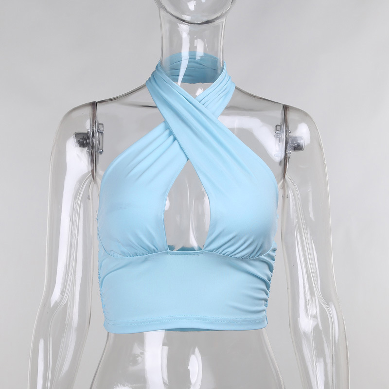 Women's Sexy Cross Pleated Halter Halter Camisole Blue - Shop at LoveMi