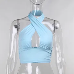 Women's Sexy Cross Pleated Halter Halter Camisole - Blue - View 1