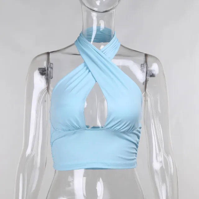 Women's Sexy Cross Pleated Halter Halter Camisole Blue - Shop at LoveMi