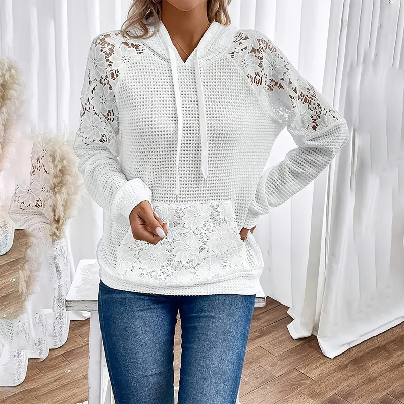 Women's Solid Color Casual Hooded Sweatshirt With Lace-Trimmed Sheer Sleeves & Large Lace Pockets, Pullover Hoodie - White