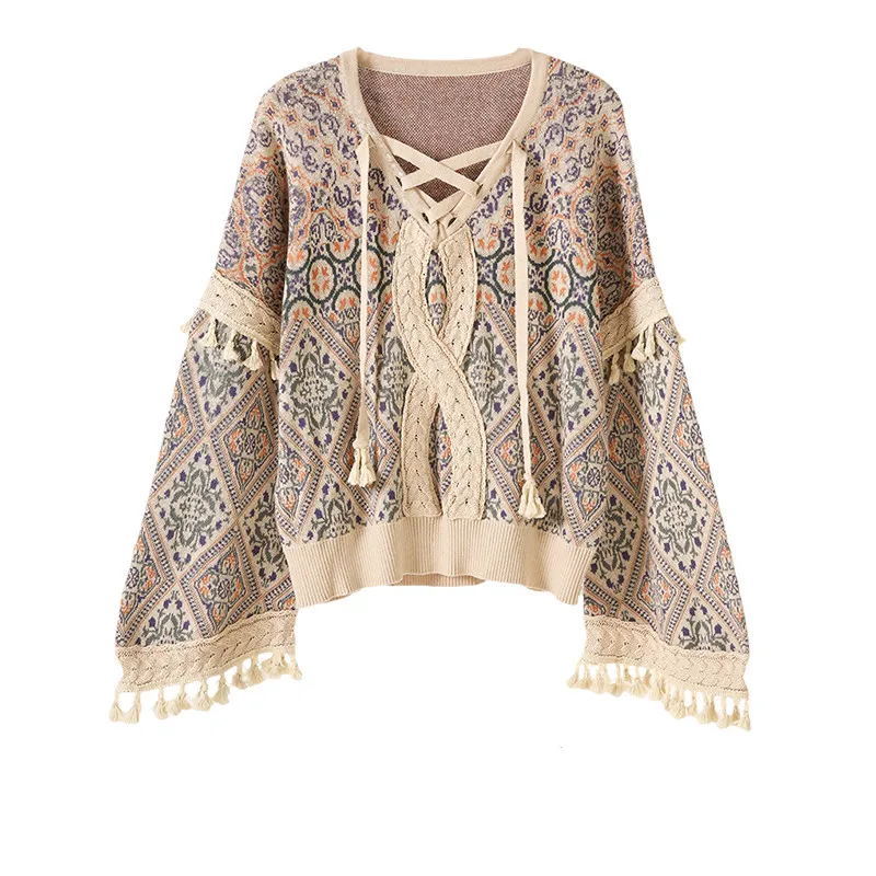 Twist Jacquard Tassel Drop Shoulder Sweater Jacket - Floral
